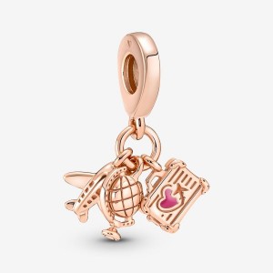 Pandora Airplane, Globe & Suitcase Triple Dangle Charm Rosa Gold | 946GJOINV