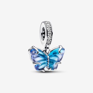 Pandora Blue Murano Glass Butterfly Dangle Charm Silber | 659XQAGRS
