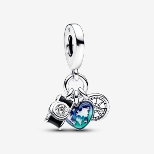 Pandora Camera, Heart & Compass Triple Dangle Charm Silber | 260REJXMI