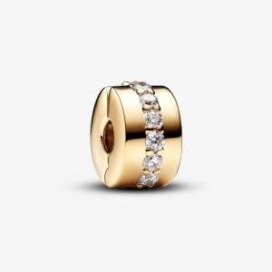 Pandora Clear Sparkling Row Clip Charm Gold | 918VZDNSU