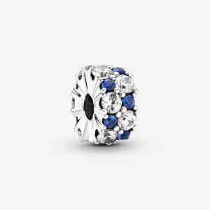 Pandora Clear & Blue Sparkling Clip Charm Silber | 835QTLVJF