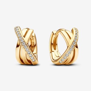 Pandora Crossover Pave Hoop Earrings Gold | 684QOHPXS