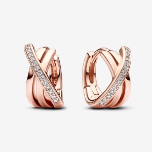 Pandora Crossover Pave Hoop Earrings Rosa Gold | 539KHWTBY