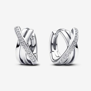 Pandora Crossover Pave Hoop Earrings Silber | 397HQTKFG