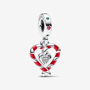 Pandora Double Candy Cane Heart Christmas Dangle Charm Silber | 856IJBHND