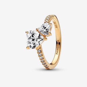 Pandora Double Heart Sparkling Ring Gold | 045RUIVEO