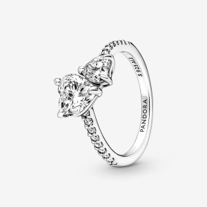 Pandora Double Heart Sparkling Ring Silber | 483FWCXEQ