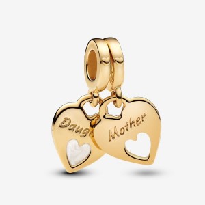Pandora Double Heart Split Dangle Charm Gold | 714ZFXKEY