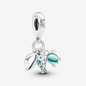 Pandora Fish, Sea Turtle & Conch Triple Dangle Charm Silber | 524RFKQCE