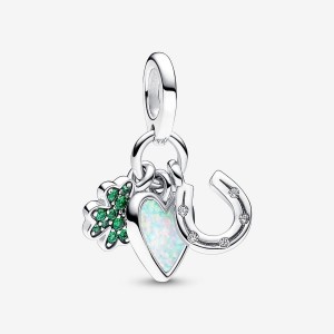 Pandora Four Leaf Clover, Heart and Horseshoe Triple Dangle Charm Silber | 820DNZQWA