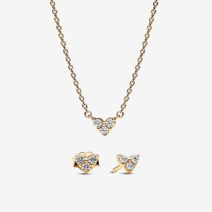 Pandora Golden Triple Stone Heart Necklace and Earrings Set Mehrfarbig | 940LXBYAG