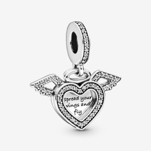 Pandora Heart and Angel Wings Dangle Charm Silber | 926BZWYEH