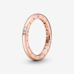 Pandora Logo & Hearts Ring Rosa Gold | 031KEMJLX