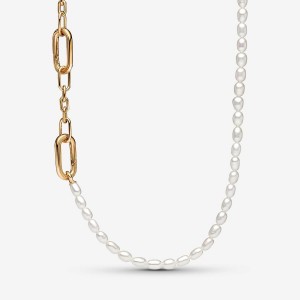 Pandora ME Slim Treated Freshwater Cultured Pearl Necklace Gold | 376PEHSXY