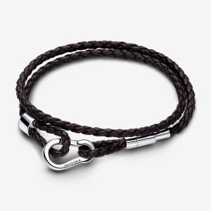 Pandora Moments Brown Braided Double Leather Bracelet Silber | 136ESUPLR