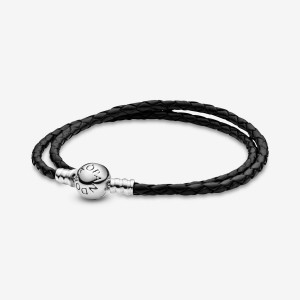 Pandora Moments Double Black Leather Bracelet Silber | 607IDZFTN
