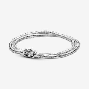 Pandora Moments Double Wrap Barrel Clasp Snake Chain Bracelet/Necklace Silber | 395YGOHXF