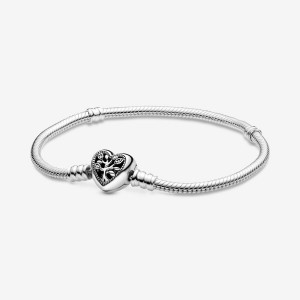 Pandora Moments Family Tree Heart Clasp Snake Chain Bracelet Silber | 195ZWVXUE