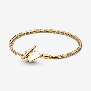 Pandora Moments Heart T-Bar Snake Chain Bracelet Gold | 401XZCMKV