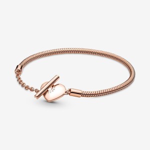 Pandora Moments Heart T-Bar Snake Chain Bracelet Rosa Gold | 482DNLJKS
