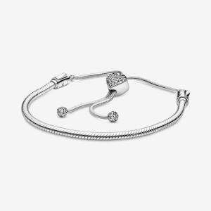 Pandora Moments Pave Heart Clasp Snake Chain Slider Bracelet Silber | 485EQTOBU