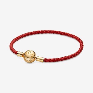Pandora Moments Red Woven Leather Bracelet Gold | 567VEKTWZ