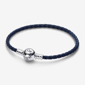 Pandora Moments Round Clasp Blue Braided Leather Bracelet Silber | 378OEKLWD