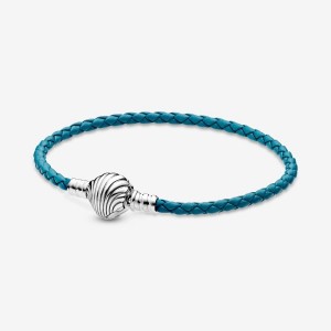 Pandora Moments Seashell Clasp Turquoise Braided Leather Bracelet Silber | 532DBGMOX
