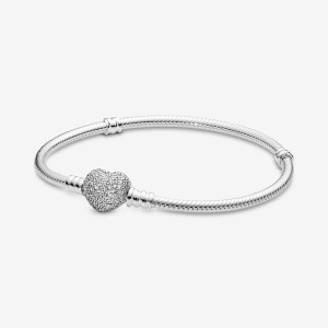 Pandora Moments Sparkling Heart Clasp Snake Chain Bracelet Silber | 206CRSPJQ