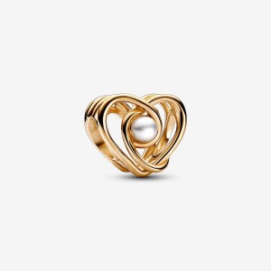 Pandora Openwork Swirling Heart & Treated Freshwater Cultured Pearl Charm Gold | 865NDZKYA