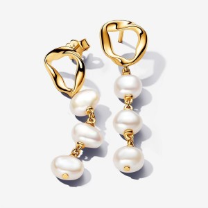 Pandora Organically Shaped Circle & Baroque Treated Freshwater Cultured Pearls Drop Earrings Gold | 341JRYECP