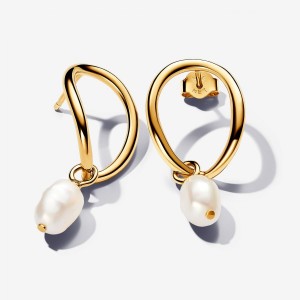Pandora Organically Shaped Circle & Baroque Treated Freshwater Cultured Pearl Earrings Gold | 397GDBMQZ