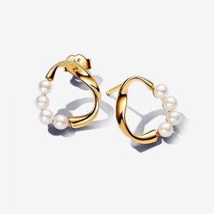 Pandora Organically Shaped Circle & Treated Freshwater Cultured Pearls Stud Earrings Gold | 146JPLFZW
