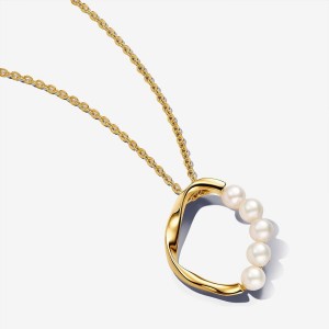 Pandora Organically Shaped Circle & Treated Freshwater Cultured Pearls Pendant Necklace Gold | 294PSORDT