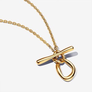 Pandora Organically Shaped Circles T-bar Necklace Gold | 728RBWPYO