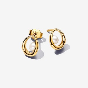 Pandora Organically Shaped Oval & Treated Freshwater Cultured Pearl Stud Earrings Gold | 258FBMPGR