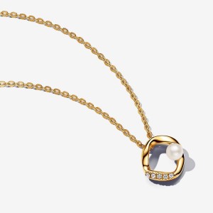 Pandora Organically Shaped Pave Circle & Treated Freshwater Cultured Pearl Collier Necklace Gold | 194SEKFPR
