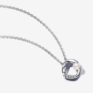 Pandora Organically Shaped Pave Circle & Treated Freshwater Cultured Pearl Collier Necklace Silber | 364IMJQCO