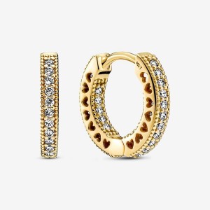 Pandora Pave Heart Hoop Earrings Gold | 091NJFLXT