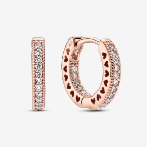 Pandora Pave Heart Hoop Earrings Rosa Gold | 052HRBKVD