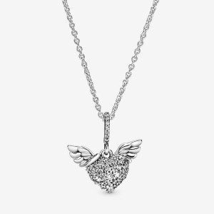 Pandora Pave Heart and Angel Wings Necklace Silber | 087BTEOJN