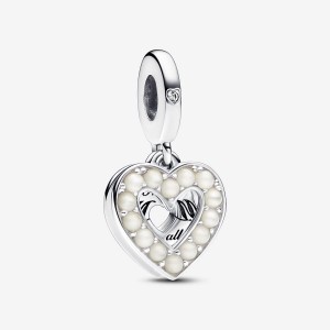 Pandora Pearlescent White Heart Double Dangle Charm Silber | 652UCEXZQ