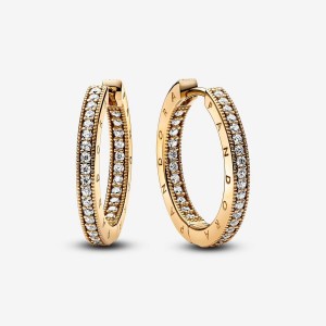 Pandora Signature Logo & Pave Hoop Earrings Gold | 806EKLFDJ