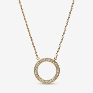 Pandora Signature Pave & Hearts Circle Pendant Necklace Gold | 769UVEZQB