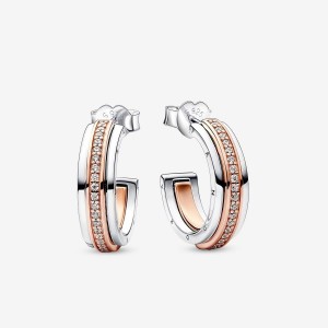 Pandora Signature Two tone Logo & Pave Hoop Earrings Mehrfarbig | 364OFQNVW
