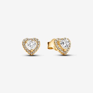 Pandora Sparkling Elevated Heart Stud Earrings Gold | 239XVPCEF