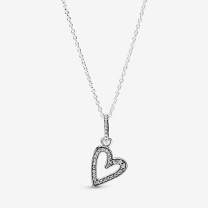 Pandora Sparkling Freehand Heart Pendant Necklace Silber | 497UMVCQT