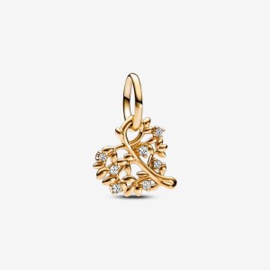 Pandora Sparkling Heart & Family Tree Dangle Charm Gold | 618XKEQCM