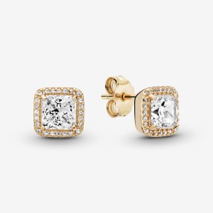 Pandora Square Sparkle Halo Stud Earrings Gold | 592NJQULA