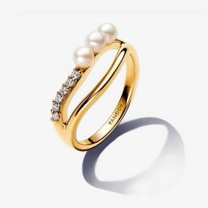 Pandora Treated Freshwater Cultured Pearl & Organically Shaped Double Band Ring Gold | 284CENYKV
